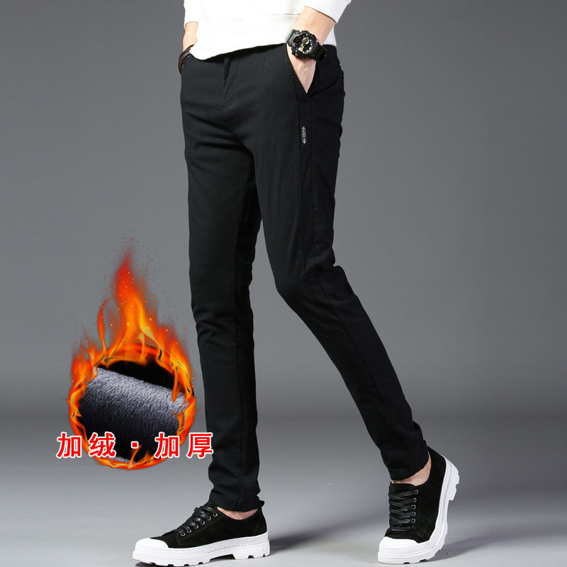 2019 New Mens Winter Thick Fleece Fluff Pants Men Korean Casual Slacks Slim Warm Pants for Men Black Green Grey Trousers Male