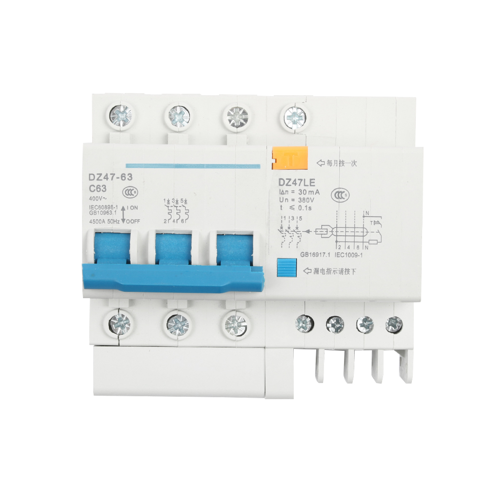 DZ47LE-63 3P+N 10A 16A 20A 32A 400V~ 40A 50A 63A 50/60HZ Residual Current Circuit Breaker Over Current Leakage Protection RCBO