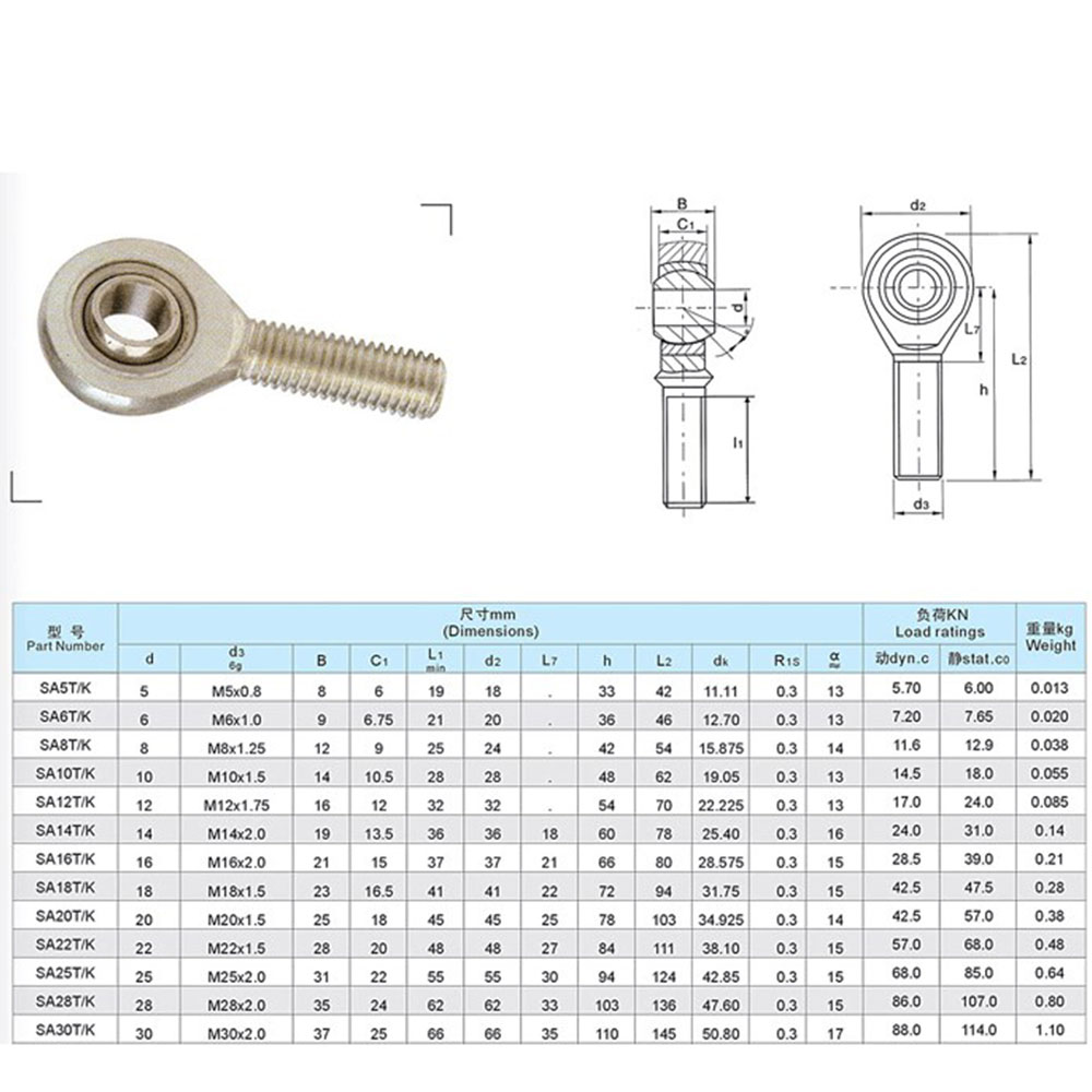 1PCS inner hole 5mm male SA5T/K POSA5 Right Hand Ball Joint Metric Threaded Rod End Bearing For rod