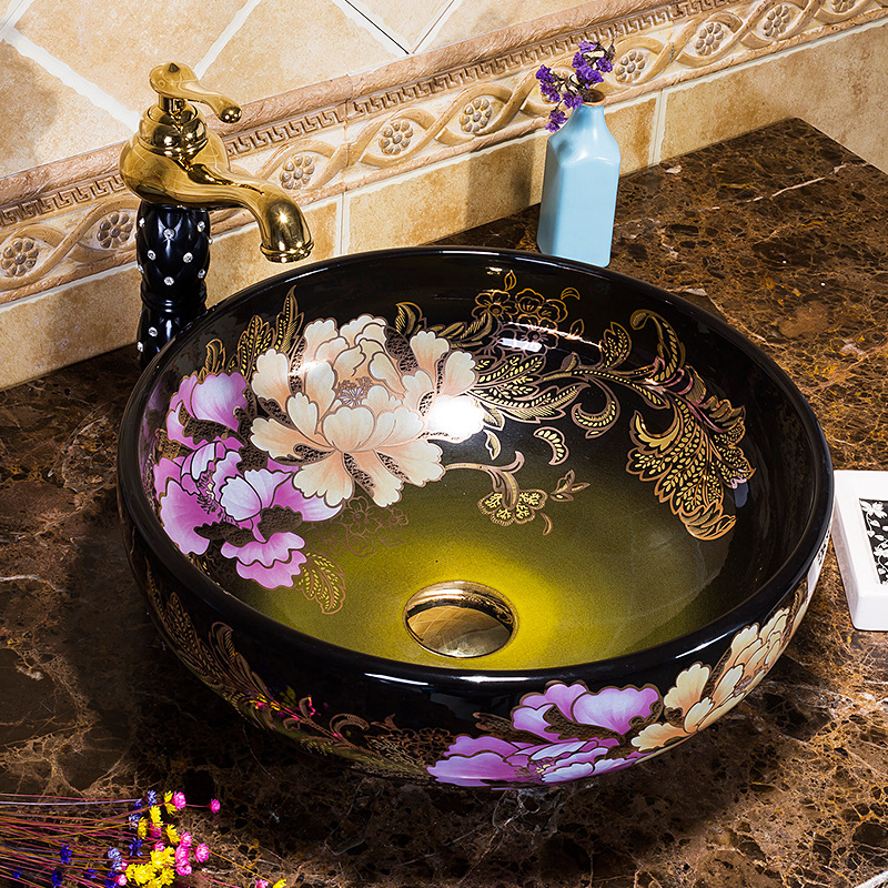 Luxury Art Ceramic Washbasin Bathroom Sink Lavatory Sink For Toilet Shampoo Basin Round Countertop washbasin Matching Set Drain