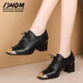 ISNOM High Heels Thick Pumps Women Metal Toe Square Pumps Cow Leather Shoes Female Fashion Officce Shoes Women Spring 2020 New