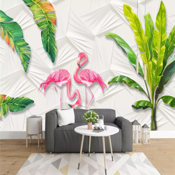 Nordic wallpaper small fresh tropical rainforest banana leaves flamingo background wall high-grade wallpaper mural