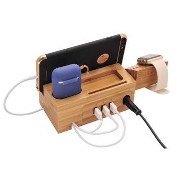 Charging Station for apple watch USB Charger Stand for iPhone Charging Dock Cable Management Wood Charging Station 3USB bamboo