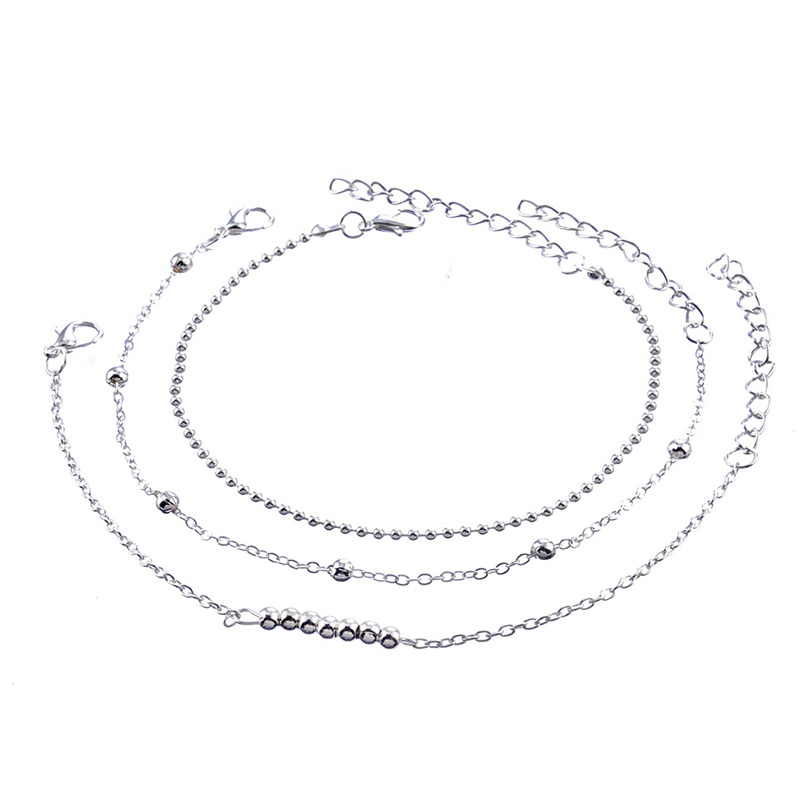 3 Pcs/Set Simple Bead Chain Silver Color Multilayer Anklet Set Charm Beach Party Anklet Chain Lady Jewelry Gift