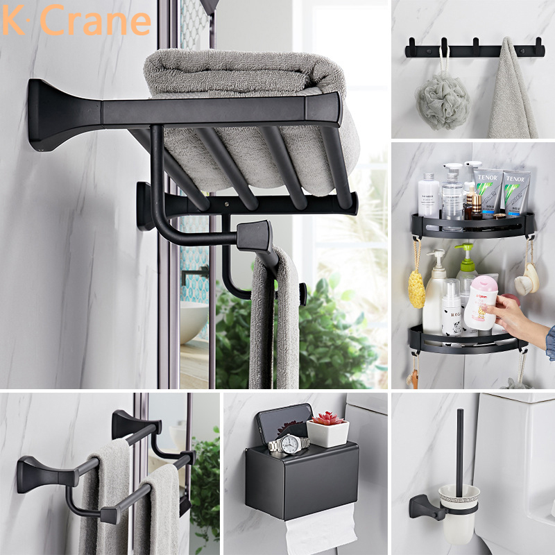 Space Aluminum Black Bathroom Accessories Bath Towel Shelf Full Set Toilet Brush Holder Waterproof Paper Box Modern Shower Rack