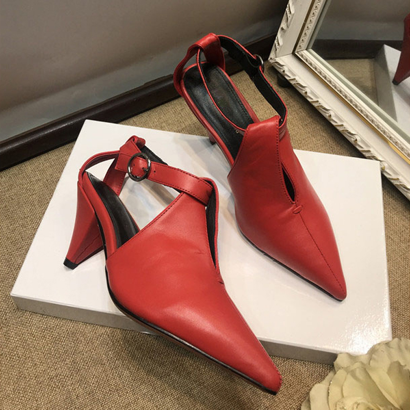 JAWAKYE Genuine Leather Spike heels Sandals Women Point Toe Summer Comfortable high heels shoes Red Black gladiator Sandals