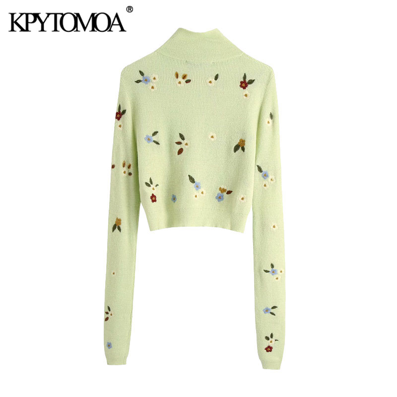 KPYTOMOA Women 2020 Fashion Floral Embroidery Cropped Knitted Sweater Vintage High Neck Long Sleeve Female Pullovers Chic Tops