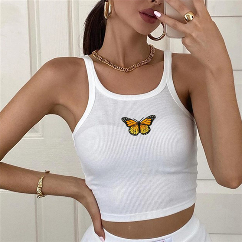 Summer Vest Tank Pure Color Halter Crop Tops Casual Sexy Butterfly Embroidered Short Slim Sleeveless White Tops