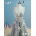 UMK 2020 Gray Beach Lace Boho Wedding Dress Sexy V Neck Open Back Wedding Gowns Chic Tulle Appliques Vestido De Noiva