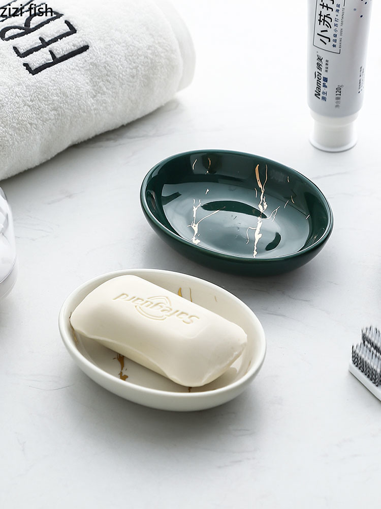 Golden Marble Texture Soap Dish Ceramic Round Soap Box Bathroom Accessories Toilet Shower Trays Bath Supplies Shelf Basket