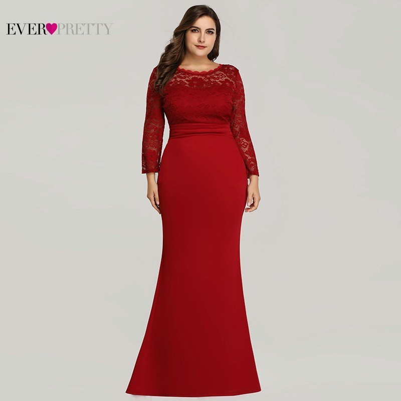 Plus Size Burgundy Mermaid Dresses Ever Pretty O-Neck Lace Long Sleeve Muslim Formal Dresses EZ07668 Elegant Red Party Gowns