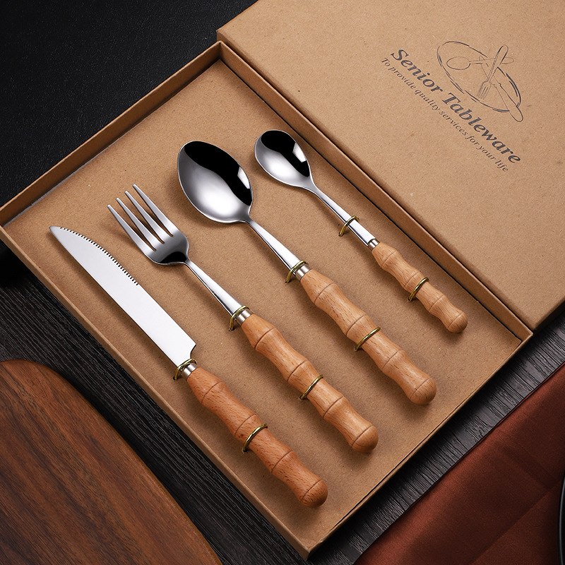 4PCS Stainless Steel Tableware Set Wood Handle Dinnerware Knife Fork Spoon Teaspoon Cutlery Set flatware sets