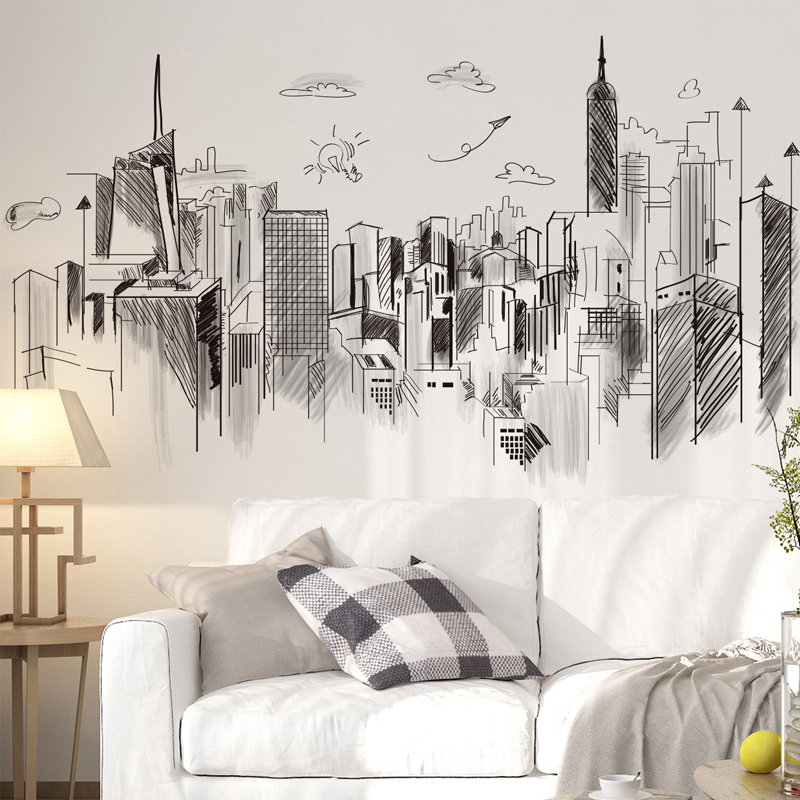 [shijuekongjian] Black Buildings Wall Stickers DIY Architecture Wall Decals for Living Room Bedroom Office House Decoration
