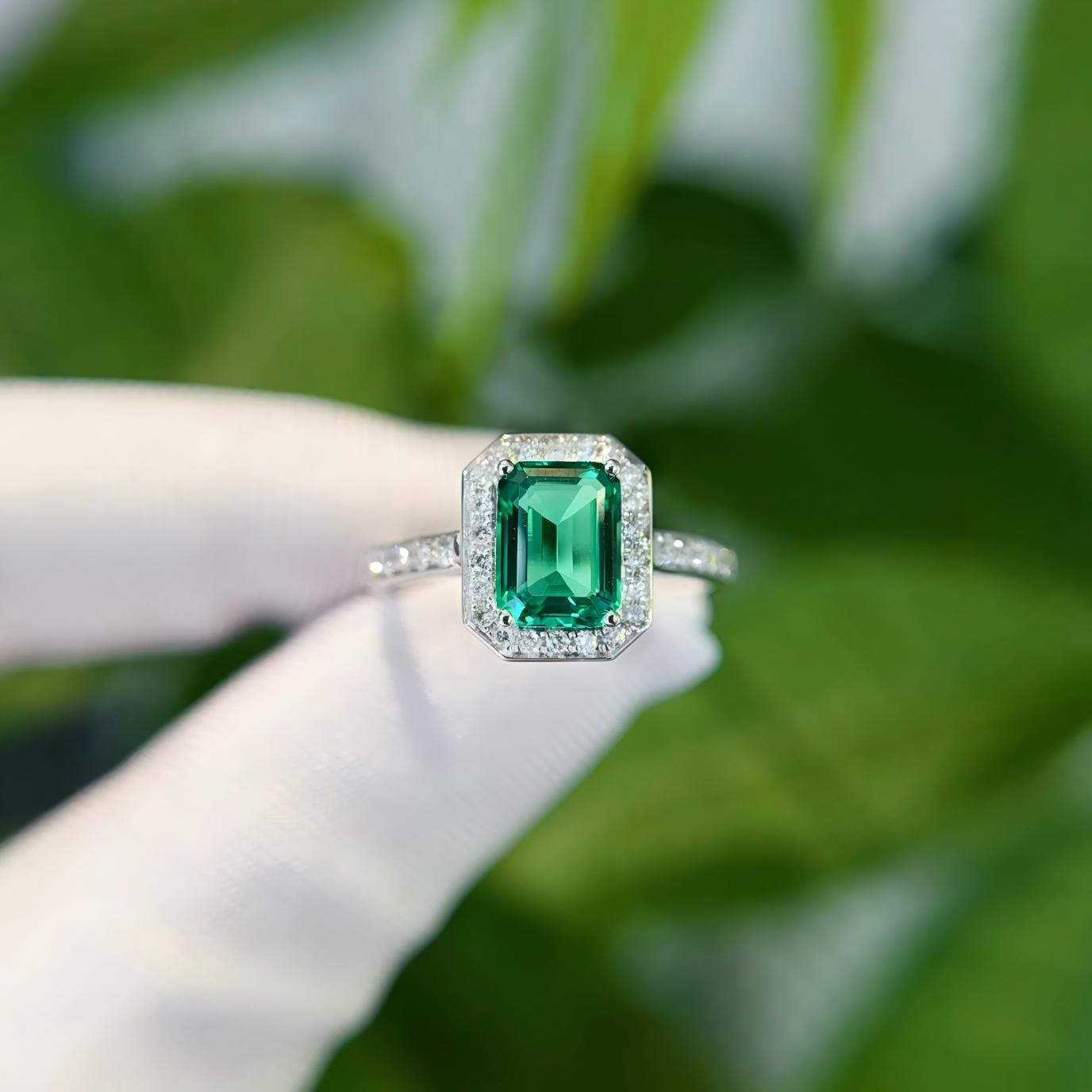 Luxury Platinum Lab Grown Emerald Halo Ring with Pave Set Band