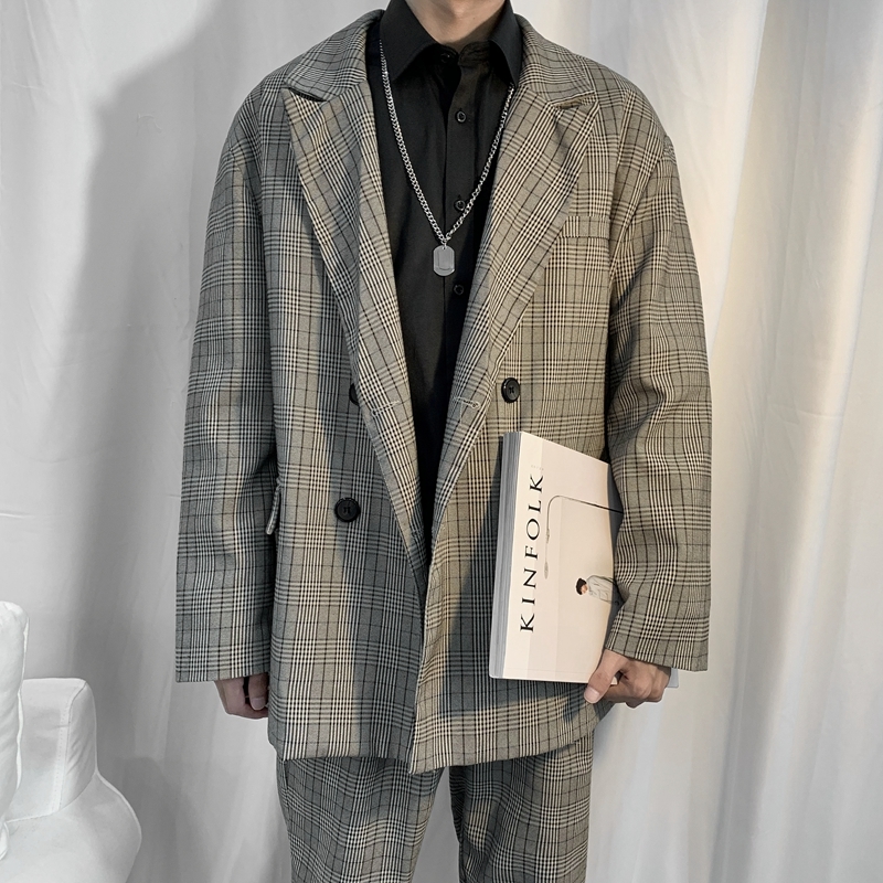 IEFB /men's wear 2021 spring new Lattice casual Suit for Male Loose Chic vintage oversize blazers korean style coat 9Y1274