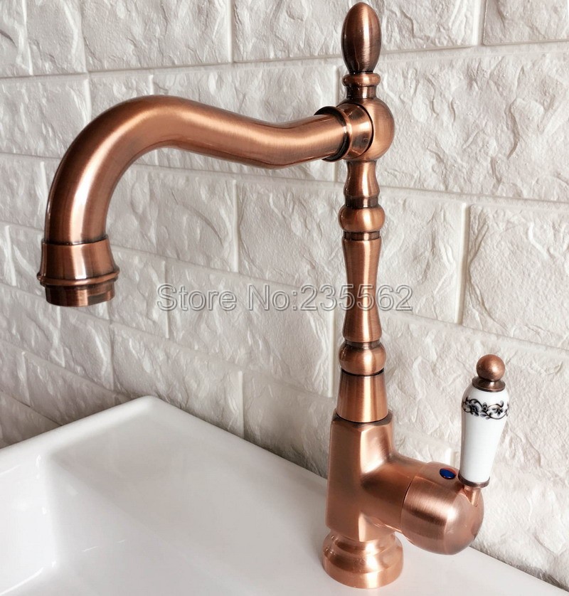 Antique Red Copper Kitchen Sink Faucet Washbasin Faucets Ceramic Lever Cold & Hot Water Mixer Bathroom Taps Deck Mounted lnf418