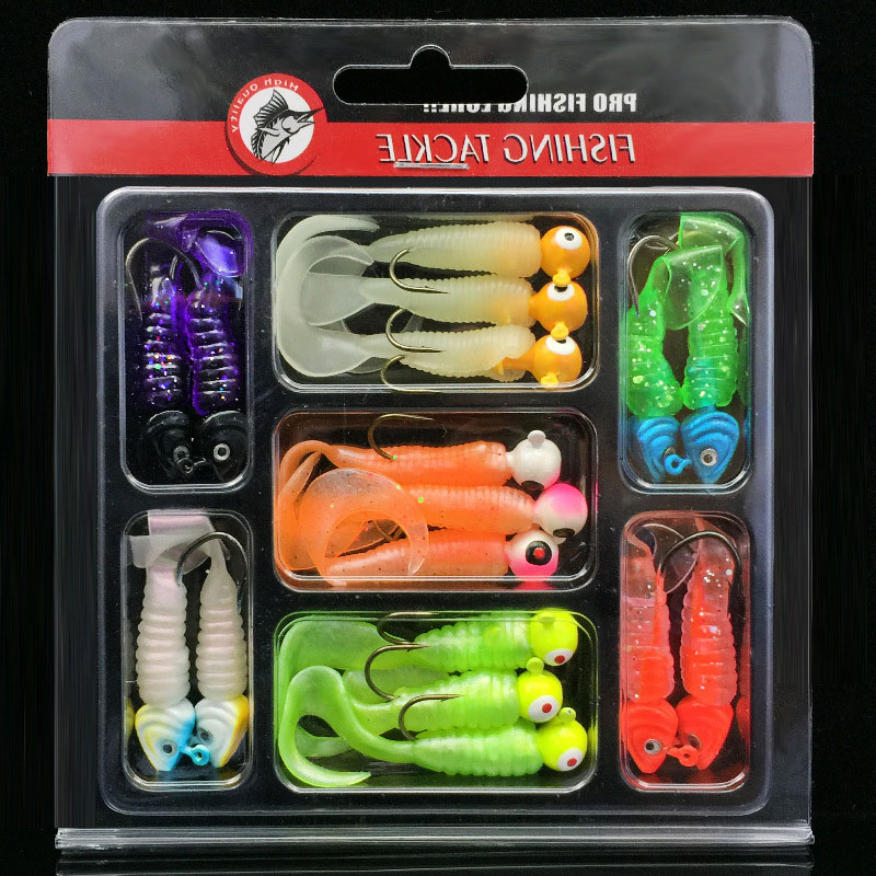 INFOF 17-pieces Fishing Lure Kit Lead Jig Head Hook with Soft Bait Grub 5.5cm/8g 6cm/7g Jighead Worm Hook Carp Fishing Equipment