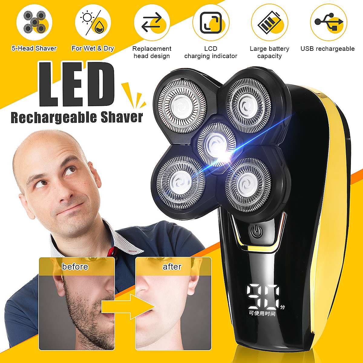 Rechargeable Electric Shaver Five Floating Heads Razors Hair Clipper Nose Ear Hair Trimmer Men Facial Cleaning Shaving Machine