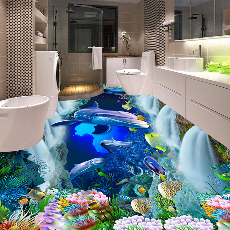 Custom 3D Floor Mural Wallpaper Waterfall Underwater World Dolphin 3D Bathroom Walkway Floor Tiles Sticker Decor PVC Waterproof