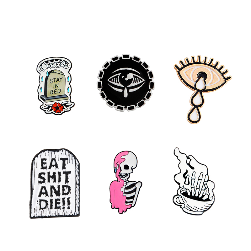 Gothic Punk enamel pin Skeleton Tears Eye Tombstone coffee cup badge brooch Lapel pin Denim Jeans shirt bag Dark Jewelry Gift