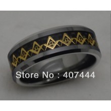 Free Shipping USA Hot Selling New new Golden Masonic Foil& Black Fiber Inlay Men's Tungsten Carbide Wedding Band Bridal Jewelry