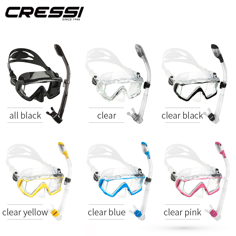 Cressi PANO3 + DRY Snorkeling Set Silicone Skirt Three-Lens Panoramic Scuba Diving Mask Dry Snorkel for Adults
