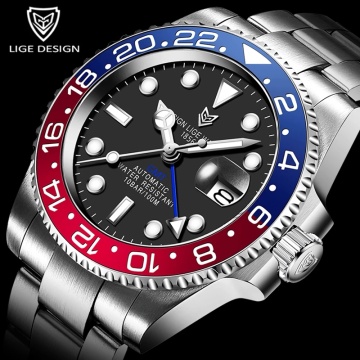 2021 LIGE Men GMT Automatic Mechanical Watch Ceramic Bezel 316L Stainless Steel 100ATM Waterproof Clocks Sapphire Glass Watches