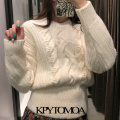 KPYTOMOA Women 2020 Fashion With Ribbed Trims Cable-Knit Sweater Vintage O Neck Long Sleeve Female Pullovers Chic Tops