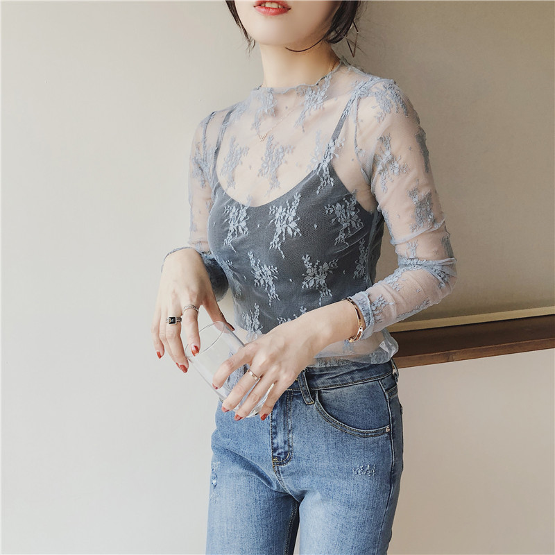 Summer Women Lace Floral Embroidery Blouses Shirt Ladies tops Sexy mesh Blouses Transparent Elegant See-through Black Shirt