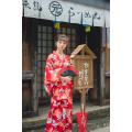 Women's Japan Kimono Red Color Crane Prints Yuaka Robe Cosplay Clothing Stage Performing/Photo Shooting Wear