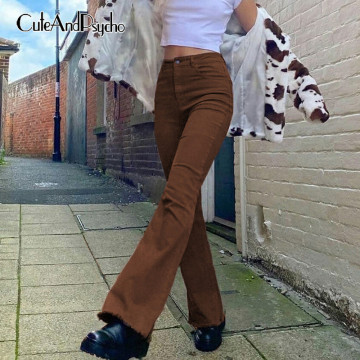 Vintage Basic Brown Y2K Denim Jeans Women Streetwear Harajuku Stretch Flare Pants Joggers Cotton Trousers Fashion Cuteandpsycho