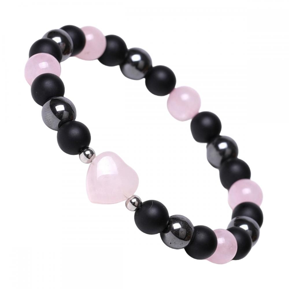 Natural Stone Heart with 8MM Round Gemstone Stretch Elastic Bracelet for Men Women Crystal Round Beads Bracelet