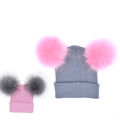 Kids Warm Winter Caps Double Fur Pom Pom Beanie Wool Knitted Hat Baby Boys Girls Two Raccoon Balls Cap