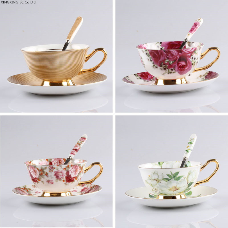 British Vintage Rose Bone China Tea Cup Saucer Spoon Set 200ml Advanced Porcelain Coffee Cup Europe Cafe Afternoon Teacup