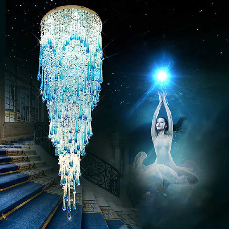 Modern Crystal Ceiling Chandelier For Villa Living Room Lobby Blue Design Staircase Lighting Luxury Stainless Led Cristal Lamp