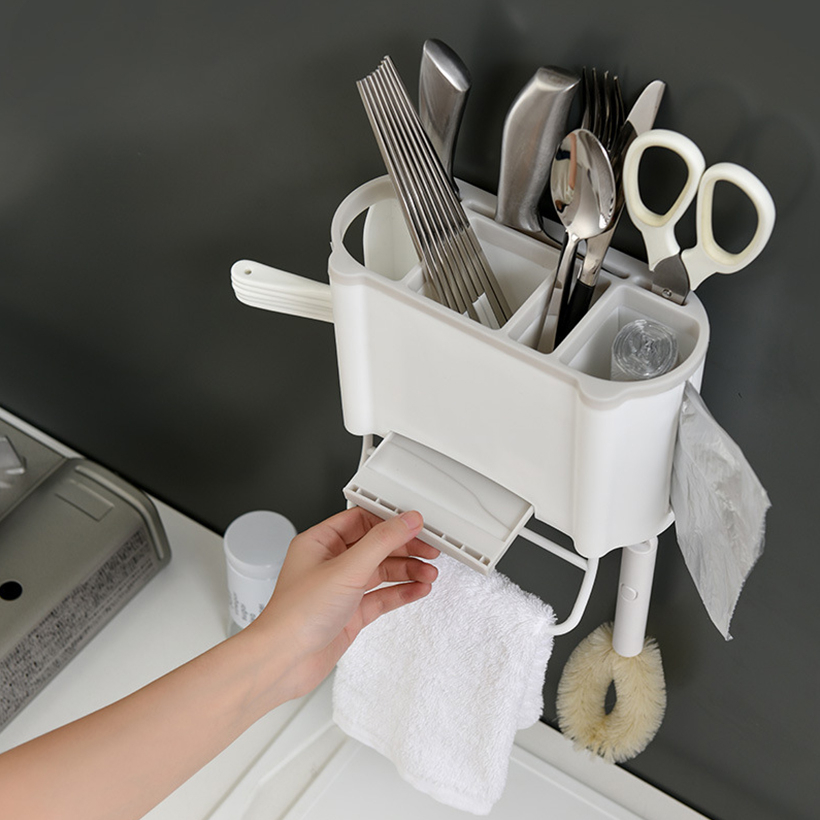 Drain Container Cutlery Storage Rack Knife Seat Spoon Box Wall-mounted Chopstick Cage Brush Cleaning Cloth Organizer For Kitchen