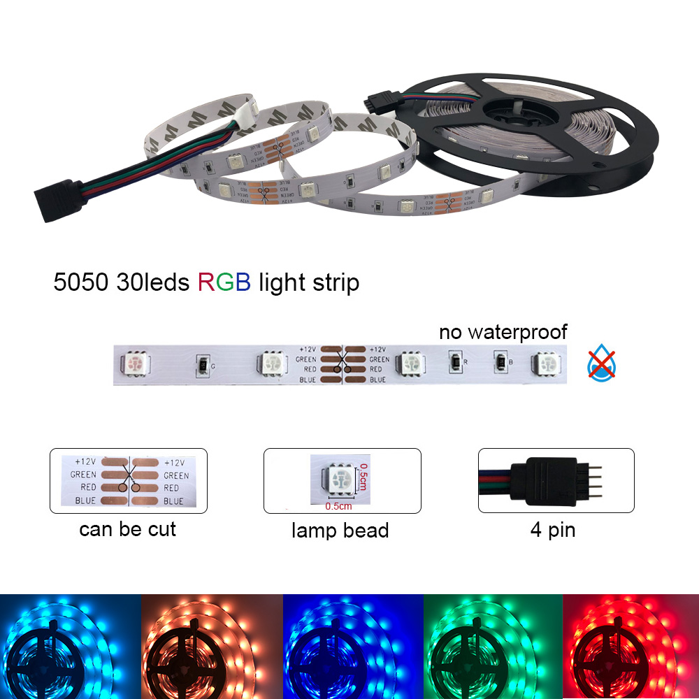 5m 30Leds Non-waterproof RGB Led Strip Light 5050 DC12V 30Leds/M 5050 Flexible Lighting Ribbon Tape +24key 44Key IR Controller