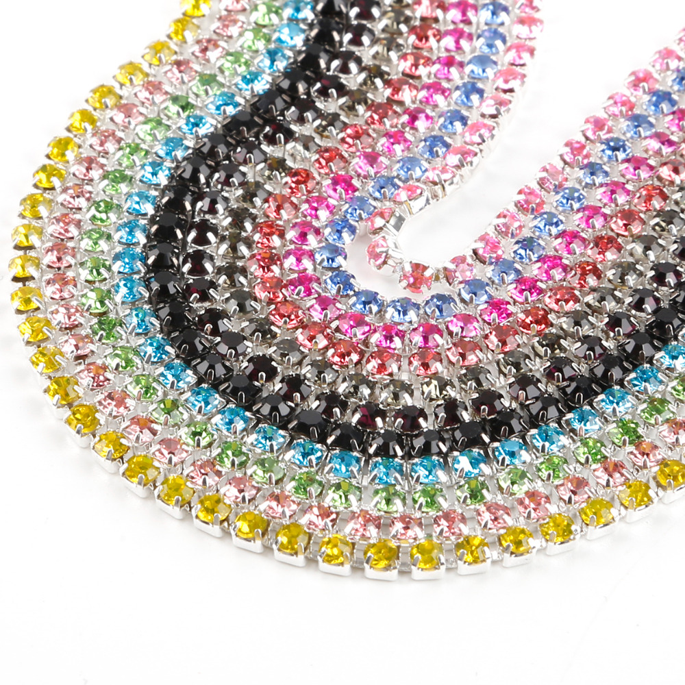 1Meter/lot Sewing Crystal Rhinestone Chain SS6 SS8 SS10 SS12 Silver Base Claw Gule on Rhinestone Trim DIY Beauty Accessories