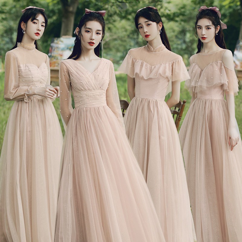 New Dusty Pink Bridesmaid Dresses Mix and Match Long Sleeves Pearls Beading Sweet Party Wedding Trends for Spring 2021