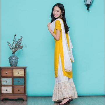 Woman Fashion Ethnic Styles Sets Cotton Embroidery India Kurtas Short Sleeves Long Yellow Thin Top Skirt