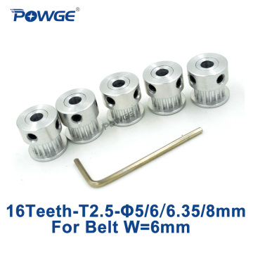 POWGE 5pcs 16 Teeth T2.5 Synchronous pulley bore 5mm 6mm 6.35mm 8mm For width 6mm T2.5 timing Belt pulley 16Tooth 16Teeth 16T