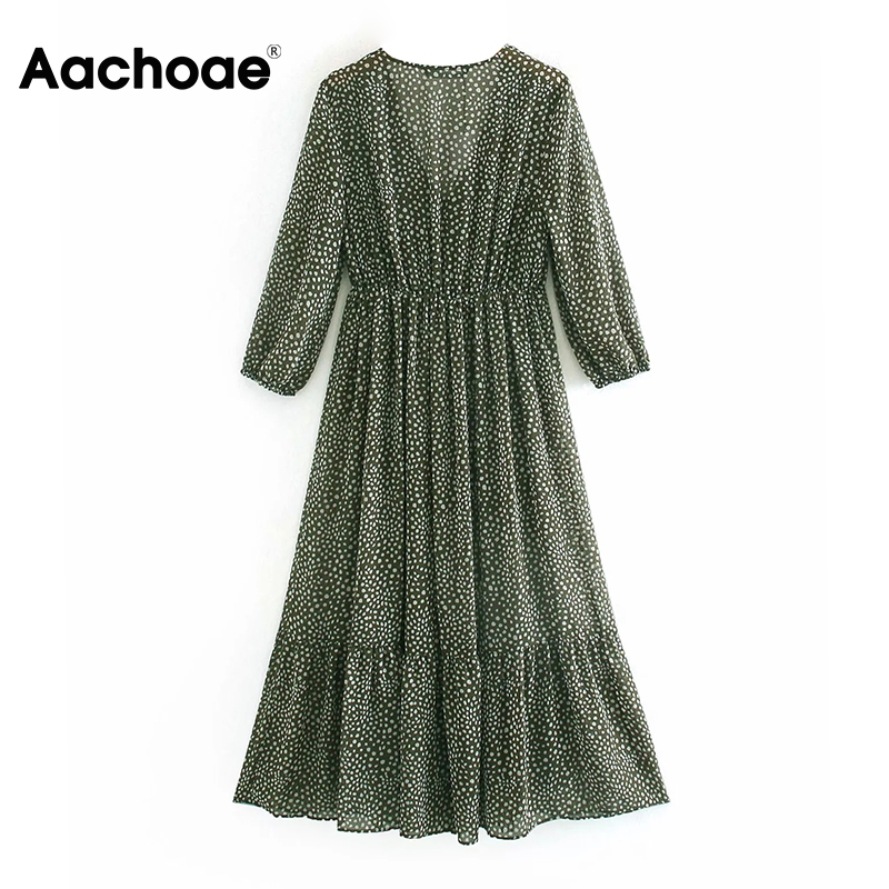 Aachoae Dot Print A Line Chiffon Midi Dress Women Bohemian V Neck Chic Dresses Elastic Waist Long Sleeve Casual Dress Vestidos