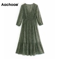 Aachoae Dot Print A Line Chiffon Midi Dress Women Bohemian V Neck Chic Dresses Elastic Waist Long Sleeve Casual Dress Vestidos