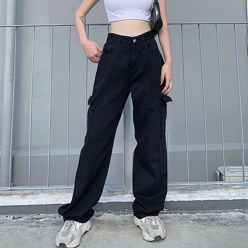 Weekeep Fashion Pocket White Women's Jeans Streetwear High Waist Jeans Vintage Straight Harajuku 2020 Denim Pants Cargo Pants