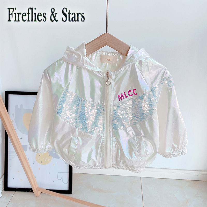 Spring Autumn girls jacket baby coat children outwear kids clothes fashion radient shining letter sequin mesh patch 1 to 7 yrs