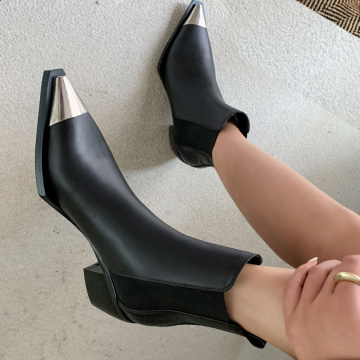 Classic Spring/Autumn Chelsea Boots Cool Metal Pointy Ankle Boots for Women Toe Square Heel Shoes Woman Basic Boots Black Rubber