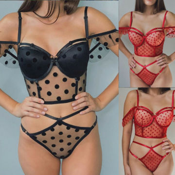 Sexy Lingerie Lace Babydoll G-String Dots Women Sexy Underwear Sleepwear Nightwear Set