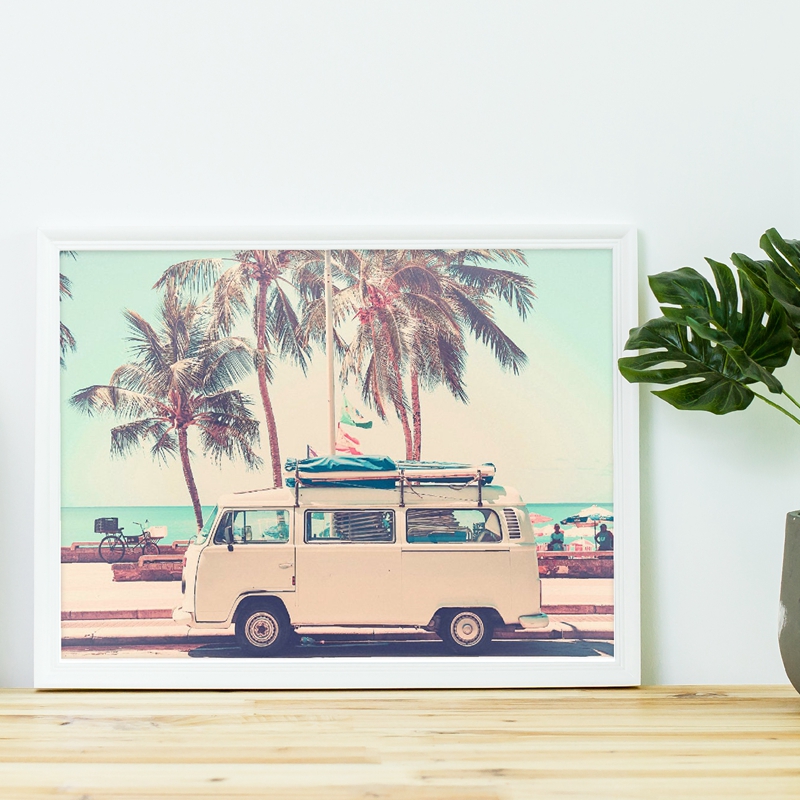 Camper Van Bus Photo Print Travel Poster Boho Decor , Vintage Beach Camper Palm Tree Seascape Picture Wall Art Canvas Painting