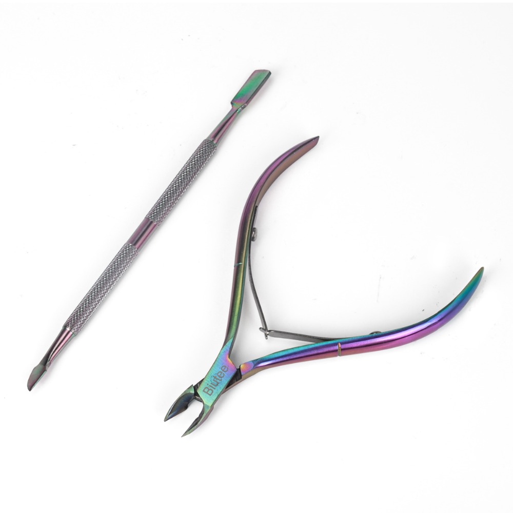 Biutee 2pcs Rainbow Chameleon Nail Art Cuticle Pusher Cutter Nipper Clipper Dead Skin Remover Set Tweezer Manicure Nail Art Tool