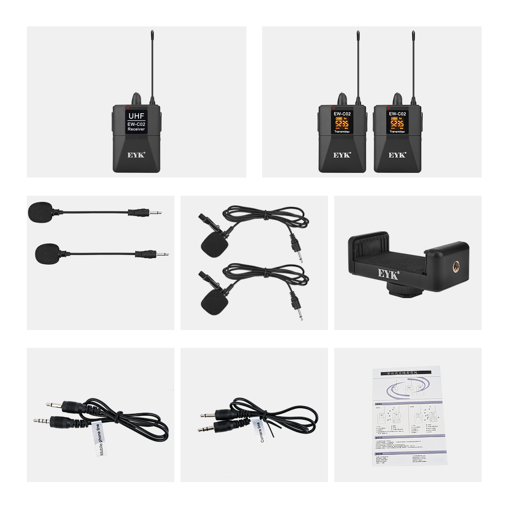 EYK EW-C02 30 Channel UHF Wireless Dual Lavalier Microphone System 60m Range for DSLR Camera Phone Interview Recording Lapel Mic